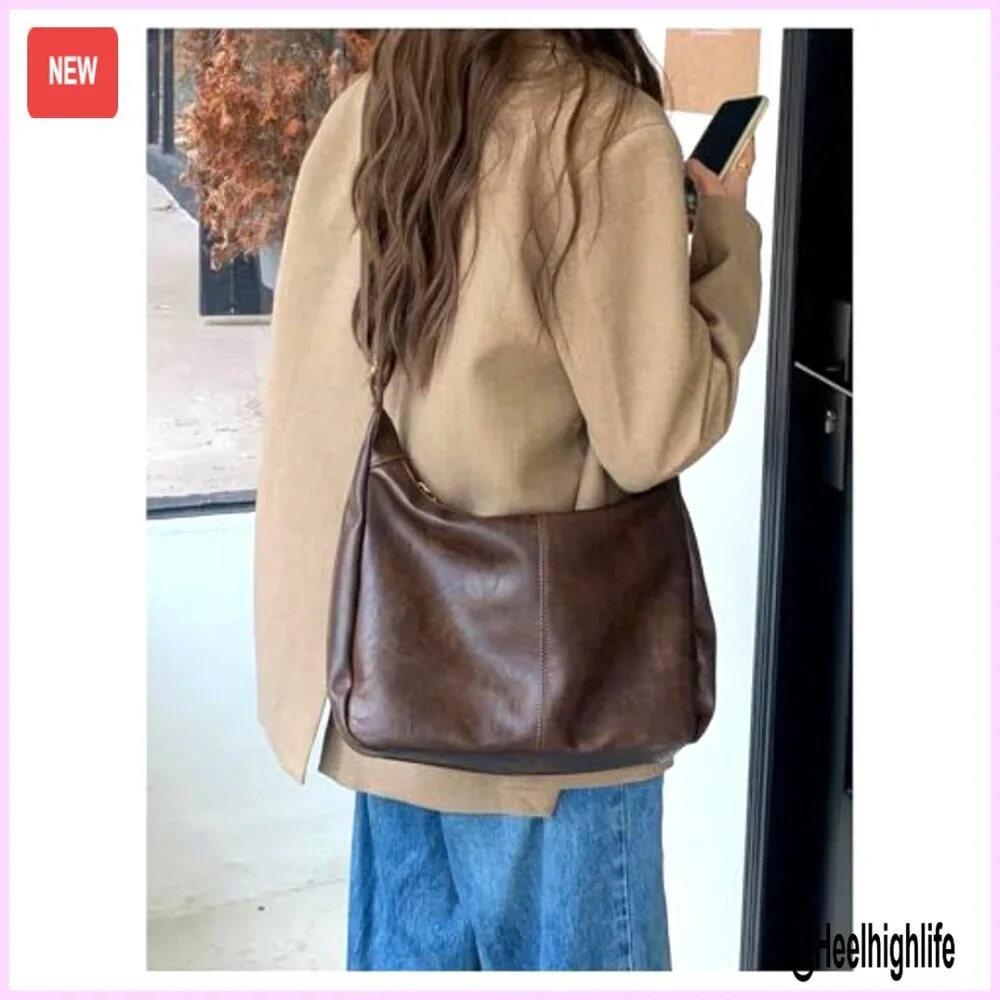 Soft PU Leather Crossbody Hobo Bag with Zipper Closure Vintage Style